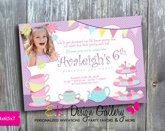 Tea Party invitation,  Girl Birthday Party Invite, Peronalized Invitation, Digital Invitation,  Printable Invite