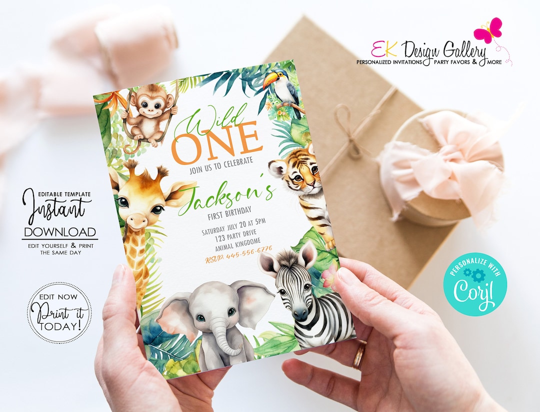 Jungle Safari Animals Birthday Invitation: Wild One Invite , Editable ...
