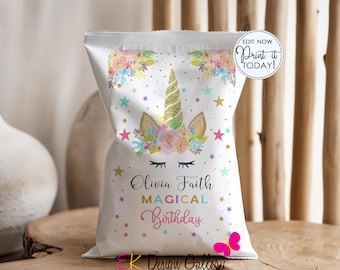 Unicorn Chip Bag: Editable Birthday Party Favor Snack Bag (Instant Download)
