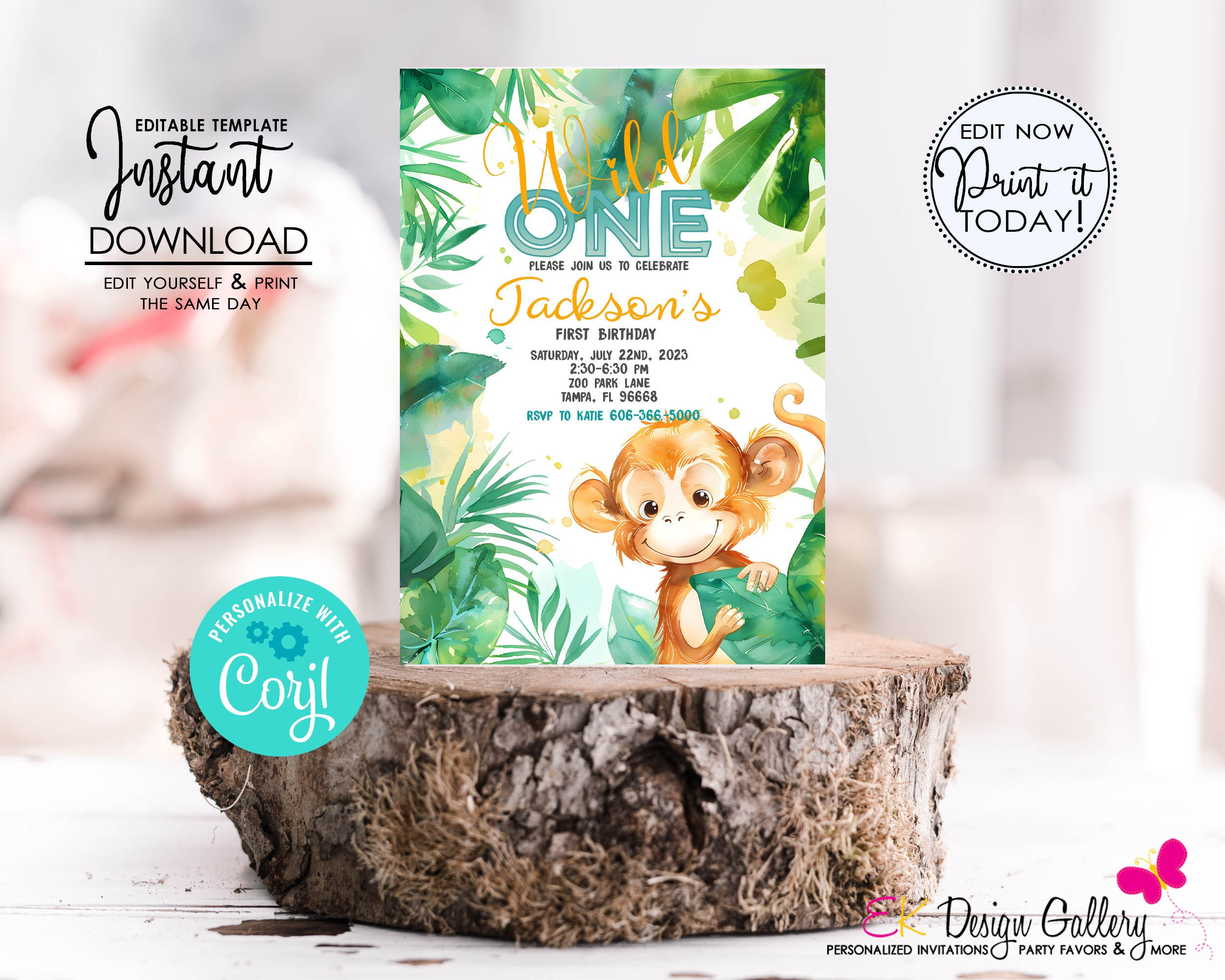 Wild One Monkey Birthday Invitation: Jungle Safari Invite (digital