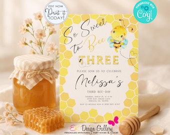 Bee 3rd Birthday Invitation, Third Honey Bee-Day Invite, Editable Template (Digital Download)
