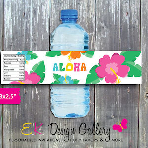 Étiquettes pour bouteilles d'eau style insulaire, fête d'anniversaire Aloha, anniversaire hawaïen, fleur d'hibiscus, fête Luau, enveloppement d'eau Aloha, TÉLÉCHARGEMENT IMMÉDIAT