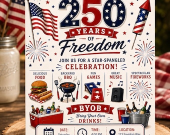 America 250 Birthday Invitation, Patriotic 4th of July Party Invite (Instant Download)
