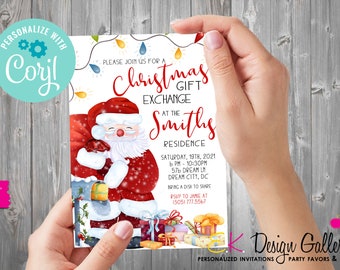 May include: A Christmas gift exchange invitation featuring Santa Claus with a sack of gifts. The invitation includes event details: date, time, location, and RSVP information. The design includes string lights and the text "Christmas Gift Exchange".