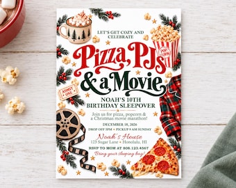 May include: A birthday sleepover invitation featuring the text Pizza, PJs & a Movie, Noah's 10th Birthday Sleepover, December 18, 2026, and Noah's House, 123 Sugar Lane, Honolulu, HI. Graphics include hot cocoa, popcorn, film reels, and pizza.