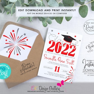 May include: Editable graduation party invitation template with a red and gray fireworks design. The text reads "Class of 2022" with a graduation cap and the name "Samantha Grave Smith".