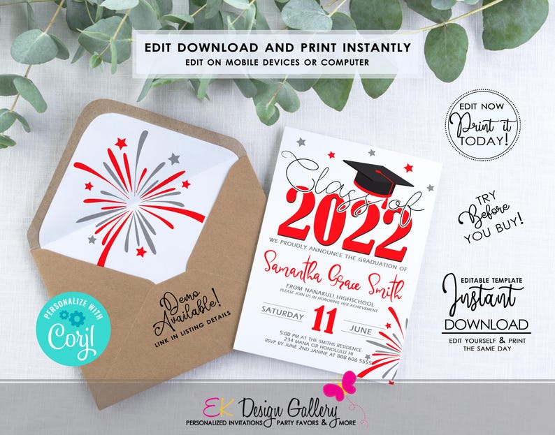 May include: Editable graduation party invitation template with a red and gray fireworks design. The text reads "Class of 2022" with a graduation cap and the name "Samantha Grave Smith".