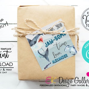 Thank You Shark Tag, Boys Birthday Favor Tags, Shark Attack Party, Editable Treat Labels, Instant Download