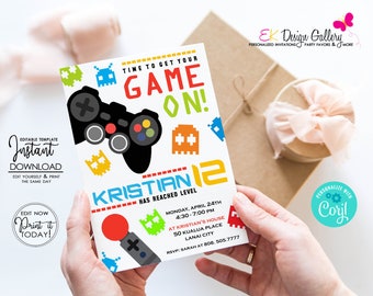 Video Game On Invitation, Editable Boy Birthday, Level Up Gamer Party Invite (Instant, Digital Download)