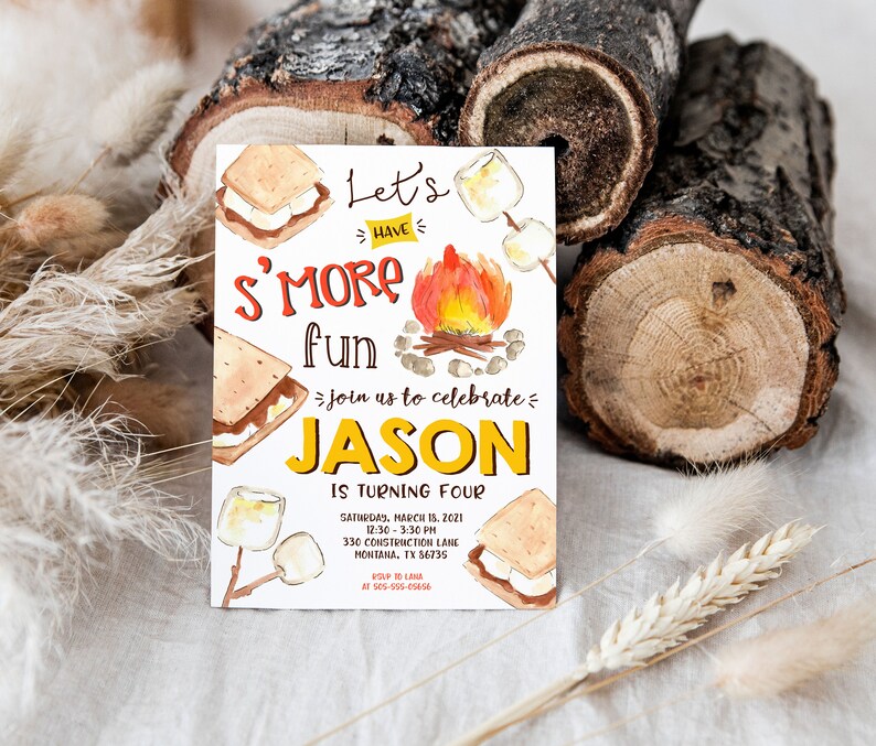 May include: A white invitation card with a watercolor illustration of a campfire, marshmallows, and graham crackers. The text reads "Let's Have S'more Fun" and "Join us to celebrate Jason is turning four".
