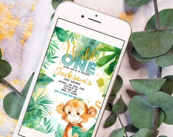 Wild One Monkey Birthday Invitation: Jungle Safari Invite (digital