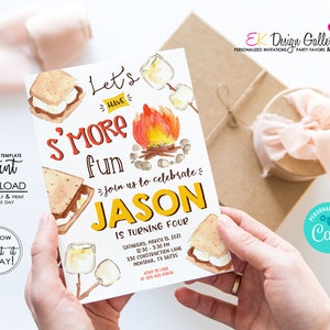 May include: Editable printable invitation for a birthday party with a s'mores theme. The invitation features a watercolor illustration of a campfire, marshmallows, and graham crackers. The text on the invitation reads "Let's Have S'more Fun" and "Join us to celebrate Jason is turning four".