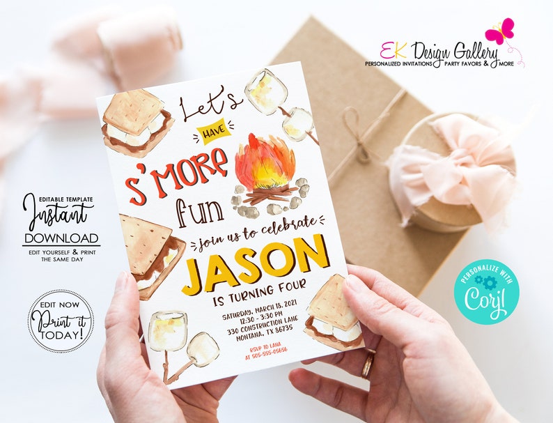 May include: Editable printable invitation for a birthday party with a s'mores theme. The invitation features a watercolor illustration of a campfire, marshmallows, and graham crackers. The text on the invitation reads "Let's Have S'more Fun" and "Join us to celebrate Jason is turning four".