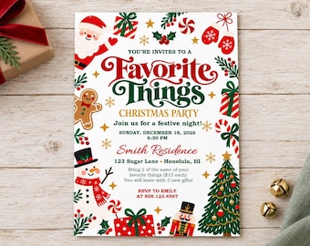 May include: A white Christmas party invitation card featuring red and green illustrations of Santa, a gingerbread man, a snowman, a nutcracker, a tree, and gifts. The text reads Favorite Things Christmas Party, Sunday, December 18, 2026, 6:30 PM, Smith Residence, 123 Sugar Lane, Honolulu, HI, and RSVP details.