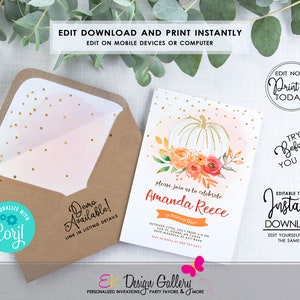 Op de afbeelding: Bewerkbare, afdrukbare uitnodigingstemplate met een witte pompoen met gouden glitter, oranje en roze bloemen en gouden confetti op een roze en witte aquarel achtergrond. De tekst "Please join us to celebrate Amanda Reece" is geschreven in zwart handschrift. De tekst "Turning One" is geschreven in een kleiner zwart handschrift. De tekst "October 27th, 2021 from 2-4 PM" is geschreven in zwart. De tekst "RSVP Makayla at 433-8666" is geschreven in zwart. De tekst "Edit Now Print it Today!" is geschreven in zwart. De tekst "Try Before You Buy!" is geschreven in zwart. De tekst "Bewerkbare sjabloon Direct downloaden Bewerk en print op dezelfde dag" is geschreven in zwart.