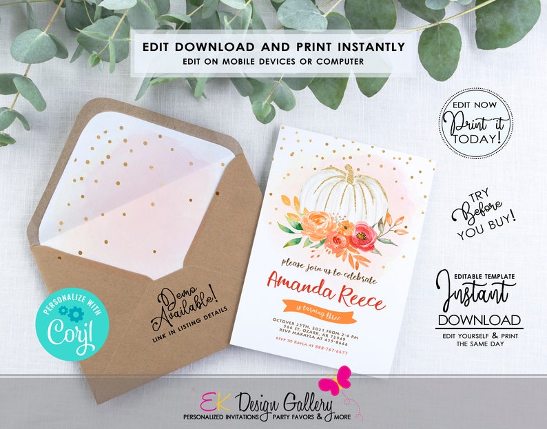 Op de afbeelding: Bewerkbare, afdrukbare uitnodigingstemplate met een witte pompoen met gouden glitter, oranje en roze bloemen en gouden confetti op een roze en witte aquarel achtergrond. De tekst "Please join us to celebrate Amanda Reece" is geschreven in zwart handschrift. De tekst "Turning One" is geschreven in een kleiner zwart handschrift. De tekst "October 27th, 2021 from 2-4 PM" is geschreven in zwart. De tekst "RSVP Makayla at 433-8666" is geschreven in zwart. De tekst "Edit Now Print it Today!" is geschreven in zwart. De tekst "Try Before You Buy!" is geschreven in zwart. De tekst "Bewerkbare sjabloon Direct downloaden Bewerk en print op dezelfde dag" is geschreven in zwart.