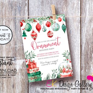 May include: A printable Christmas party invitation with a watercolour design featuring ornaments, a snow globe, and presents. The text reads "Join us for our annual Ornament Exchange Party" with the date, time, and location.