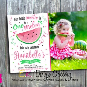 Watermelon Photo Invitation, Watermelon Birthday Invitation, Watermelon Party, One in a Melon Invitation, Girl First Birthday Invite