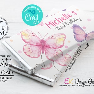 Butterfly Candy Bar Wrapper Butterfly Birthday Party Butterfly Chocolate Bar Wrap Party Treat Favors Corjl EDITABLE instant download