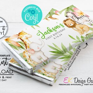 Wild Safari Candy Bar Wrapper, Jungle Animals Birthday Party Favor, Editable Digital Template