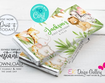 May include: Chocolate bar wrapper with a jungle animal theme for a first birthday. The design features a giraffe, elephant, lion, and zebra with the text "Jackson's First Birthday 6.16.24". The wrapper fits a 1.55 oz chocolate bar, approximately 5x3x5.5 inches.