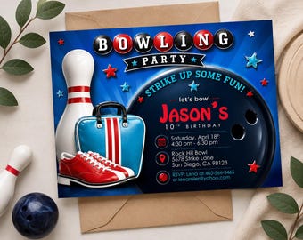 Puede incluir: Una tarjeta de invitación rectangular para una fiesta de bolos con un bolo blanco, una bolsa de bolos azul y roja y zapatos rojos. El texto dice: BOWLING PARTY, STRIKE UP SOME FUN!, let's bowl, Jason's 10th BIRTHDAY, Saturday, April 18th, 4:30 pm - 6:30 pm, Rock Hill Bowl, 5678 Strike Lane, San Diego, CA 98123, RSVP: Lena at 405-566-3465 o lenamiler@yahoo.com.