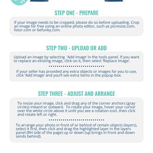 May include: Photo instructions for uploading and editing images for a product listing. The instructions include steps for preparing, uploading, and adjusting images. The steps are: Prepare, Upload or Add, and Adjust and Arrange.