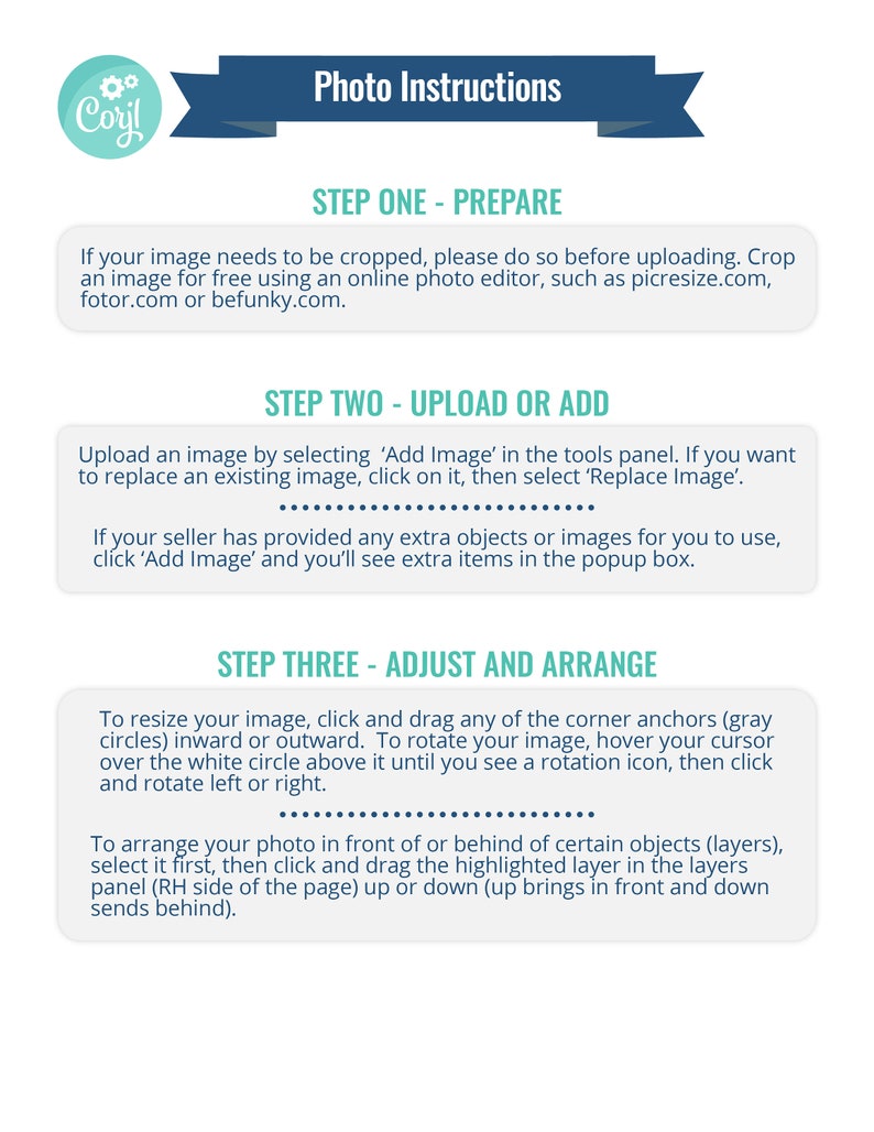 May include: Photo instructions for uploading and editing images for a product listing. The instructions include steps for preparing, uploading, and adjusting images. The steps are: Prepare, Upload or Add, and Adjust and Arrange.