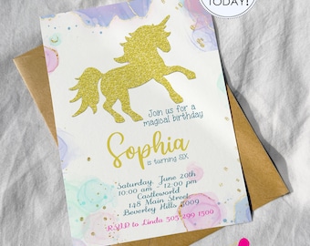 Gold Unicorn Invitation, Girls Magical Birthday Party Invite (Editable, Instant Download)