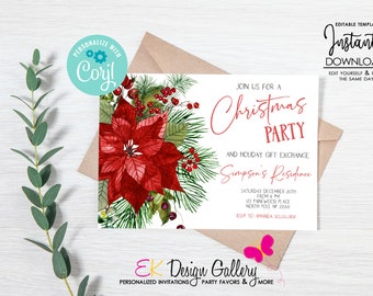 Può includere: Un invito a una festa di Natale con un'illustrazione ad acquerello di una stella di Natale e del verde. Il testo recita "Join us for a Christmas Party and Holiday Gift Exchange, Simpson's Residence, Sabato 20 dicembre dalle 18:00, 23 Pinewood Place, Polo Nord NP 22000, RSVP ad Amanda 555-555-5555".