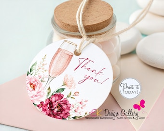 Petals & Prosecco Thank you Tag, Bridal Shower Party Favor Labels (Instant, Digital Download)
