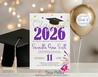 Purple & Gold Graduation Invitation: Class of 2026, Editable (Instant Download)