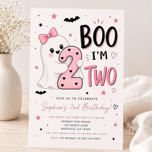 Boo I’m Two Second Birthday Invitation, Halloween Girls Ghost Party Invite, Digital Download