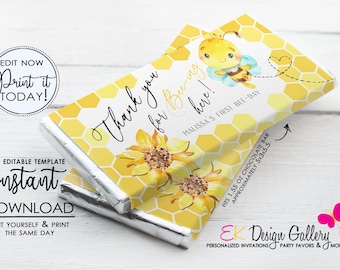Bee Birthday Candy Wrapper:  Editable Chocolate Bar Label (Instant Download)