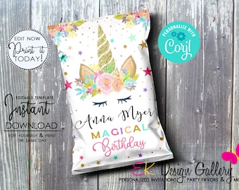 May include: Printable party favor bag featuring a unicorn with a gold horn and floral headband. The bag is white with gold stars and the text "Anna Myer Magical Birthday".