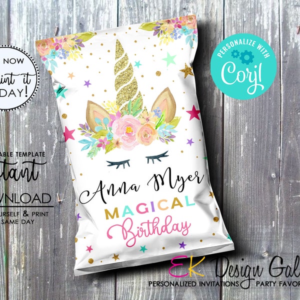 INSTANT DOWNLOAD Unicorn Birthday, Unicorn Chips Bag, Chip Bag Party Favor, Snack Chip Bag, Magical Birthday Party, Corjl EDITABLE Template