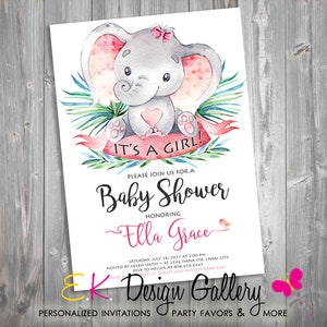 Personalized Baby Shower Invitation Elephant Baby Girl Shower Invite It&#39;s a Girl Party Invitation Printable Digital Download