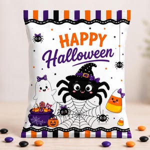 May include: A rectangular snack bag with a white background featuring the text Happy Halloween in orange and purple. The design includes a black spider wearing a witch hat, a white ghost, a purple cauldron, and candy corn with purple bows.