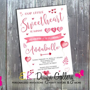 Personalized Valentine&#39;s Day Invitation Valentine Birthday SweetHeart Valentine Party Invite Girl First Birthday Party Digital Download
