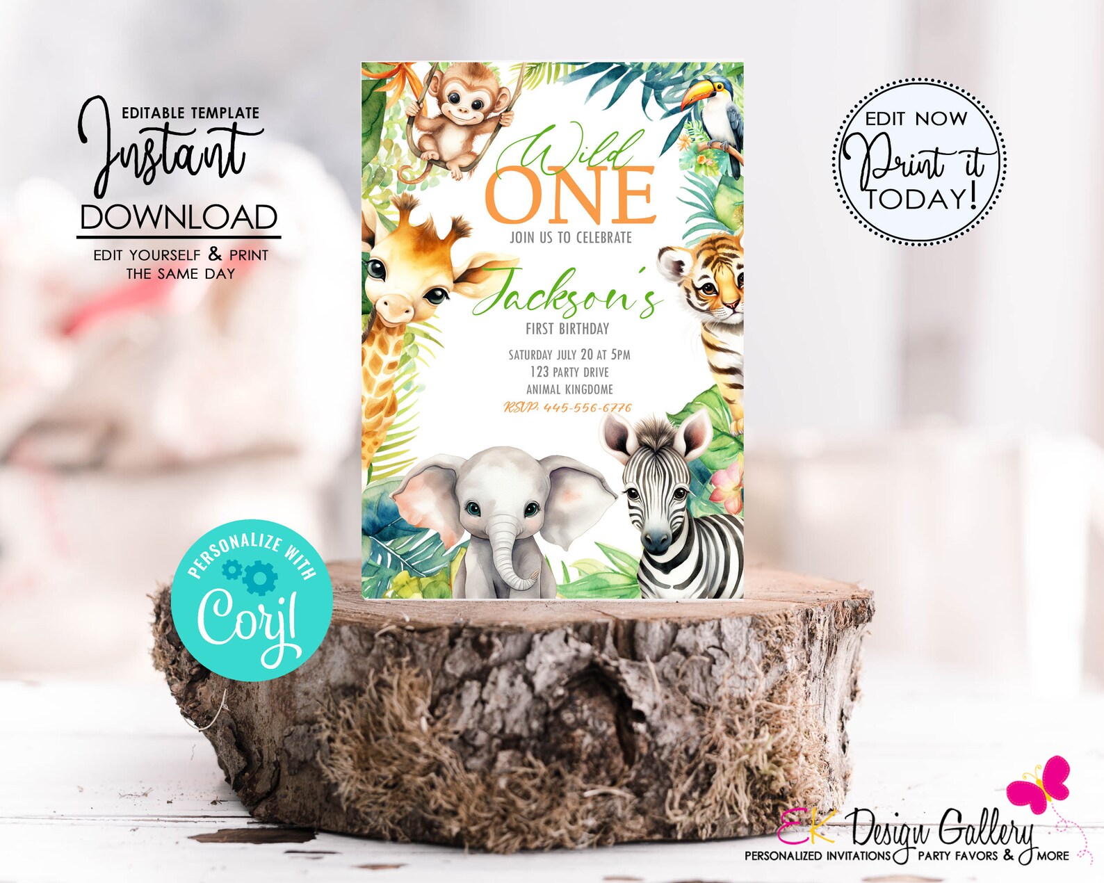Jungle Safari Animals Birthday Invitation: Wild One Invite , Editable ...