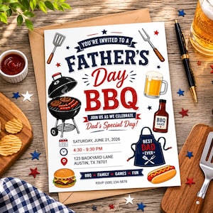 May include: Father's Day BBQ invitation with a burger, hot dog, beer, and grill illustrations. The invitation includes the date, time, and location for the event. Red, white, and blue stars and accents decorate the invitation.