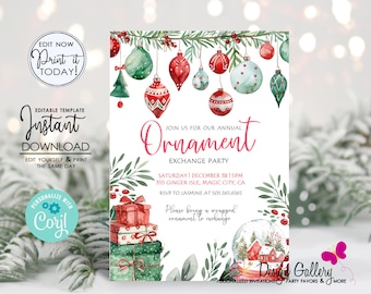 Invitación para intercambio de adornos navideños: Invitación para fiesta navideña, EDITABLE (Descarga instantánea)