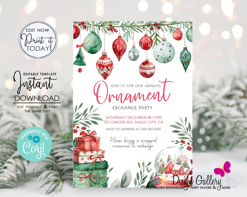 May include: A printable Christmas ornament exchange party invitation with a watercolour design featuring ornaments, a snow globe, and a stack of wrapped gifts. The text reads "Join us for our annual Ornament Exchange Party" and includes the date, time, location, and RSVP information.