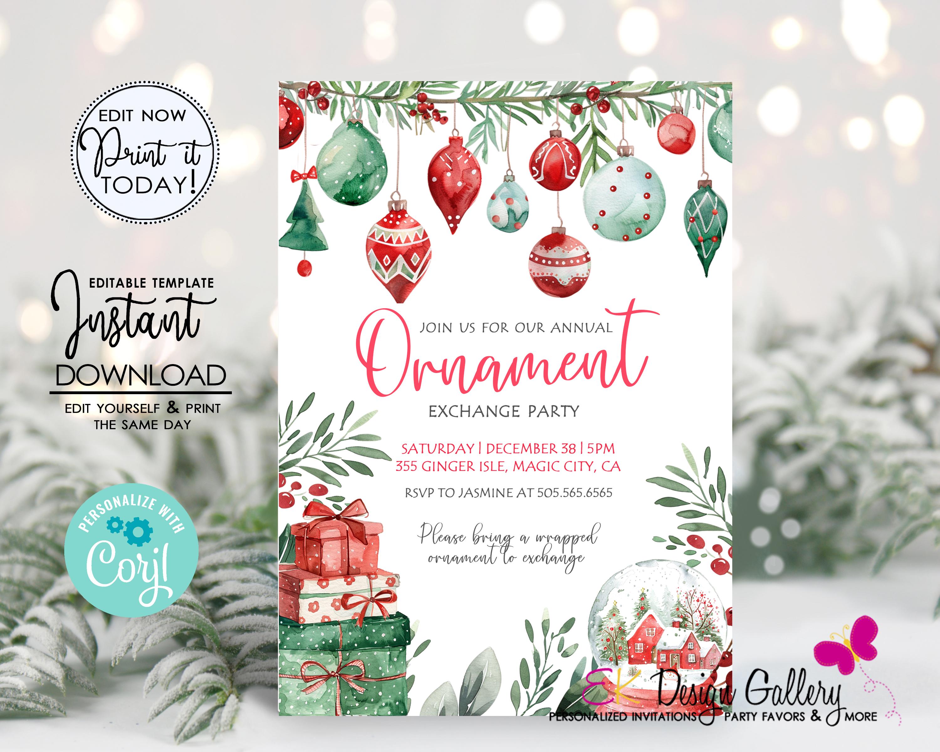 Christmas Ornament Exchange Invitation: Holiday Party Invite, EDITABLE  (instant Download) - Etsy Israel, image size:3000x2400