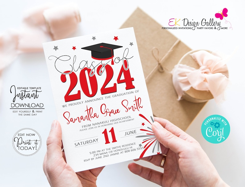 May include: Red and white graduation announcement card with a black graduation cap and the text "Class of 2024" in red. The card is decorated with silver stars and fireworks. The text "Samantha Grace Smith" is written in black cursive. The card also includes the date and time of the graduation ceremony.