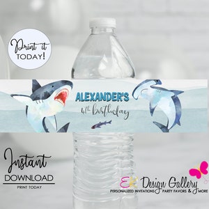 Editable Shark Water Bottle Labels Shark Birthday Party Shark Attack Boys Birthday Decorations Shark Water Bottle Labels INSTANT DOWNLOAD