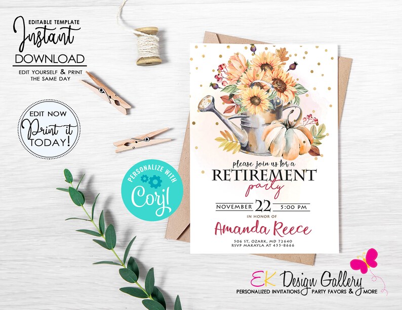 Fall Retirement Party Invitation: Sunflower & Pumpkin Invite (editable ...