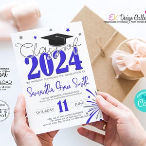 INSTANT DOWNLOAD Graduation 2024 Invitation, Blue Silver Invite, Graduation Party Invite, Class of 2024 Celebration, Corjl EDITABLE Template