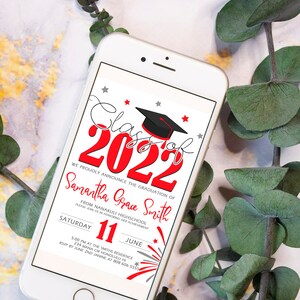 May include: A smartphone displaying a graduation announcement for Samantha Grace Smith, class of 2022, from Nanakuli High School. The announcement includes a red and white fireworks graphic and the date Saturday, June 11th.