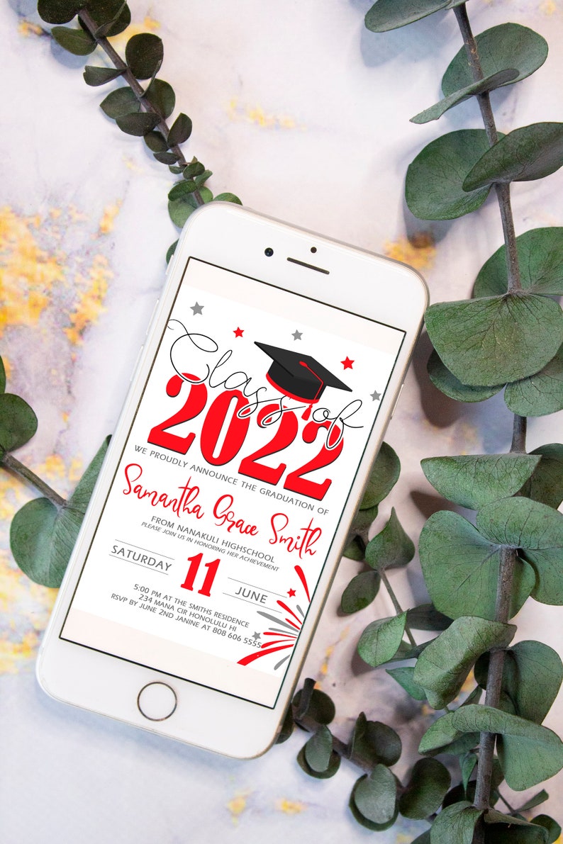 May include: A smartphone displaying a graduation announcement for Samantha Grace Smith, class of 2022, from Nanakuli High School. The announcement includes a red and white fireworks graphic and the date Saturday, June 11th.